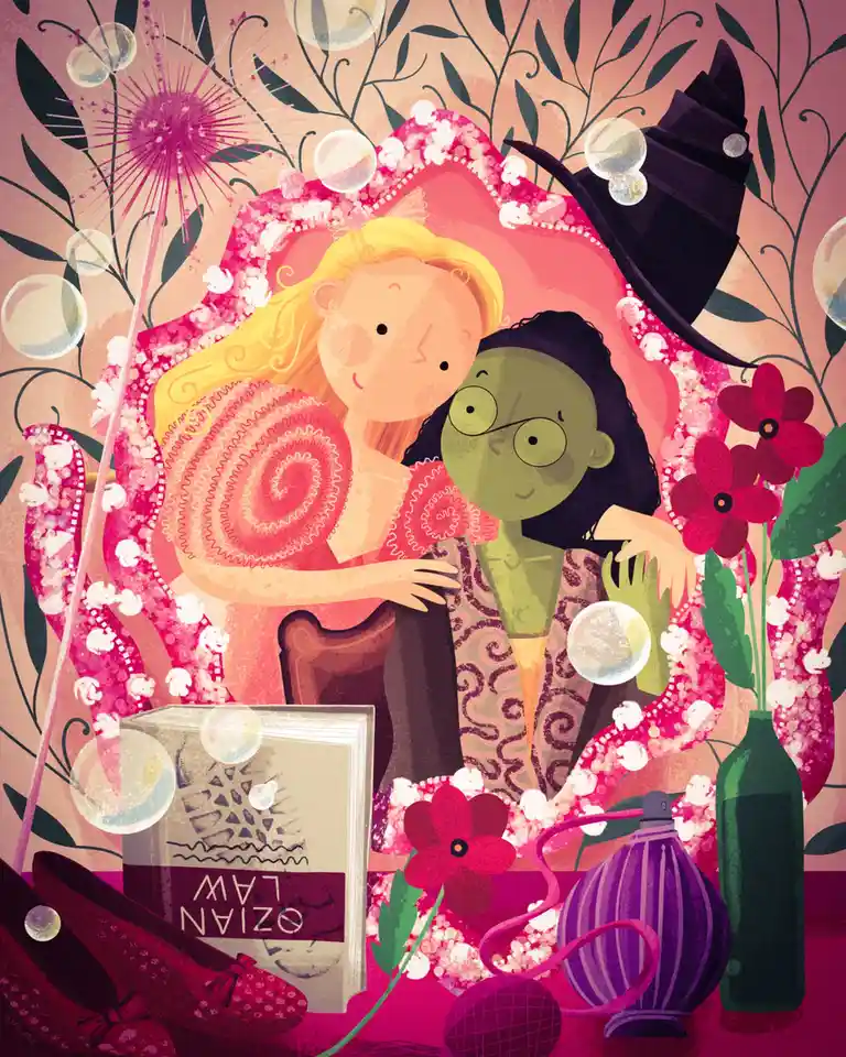 An illustrated image shows two women embracing in a pink, floral, bubble-filled setting. One woman has blonde hair and wears…