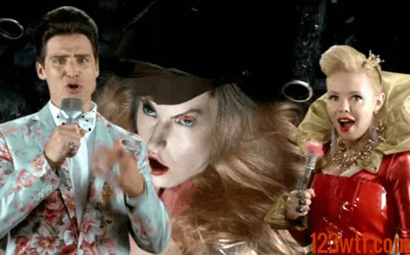A composite image showing two rows of four panels each, depicting a man and a woman in flamboyant costumes holding…