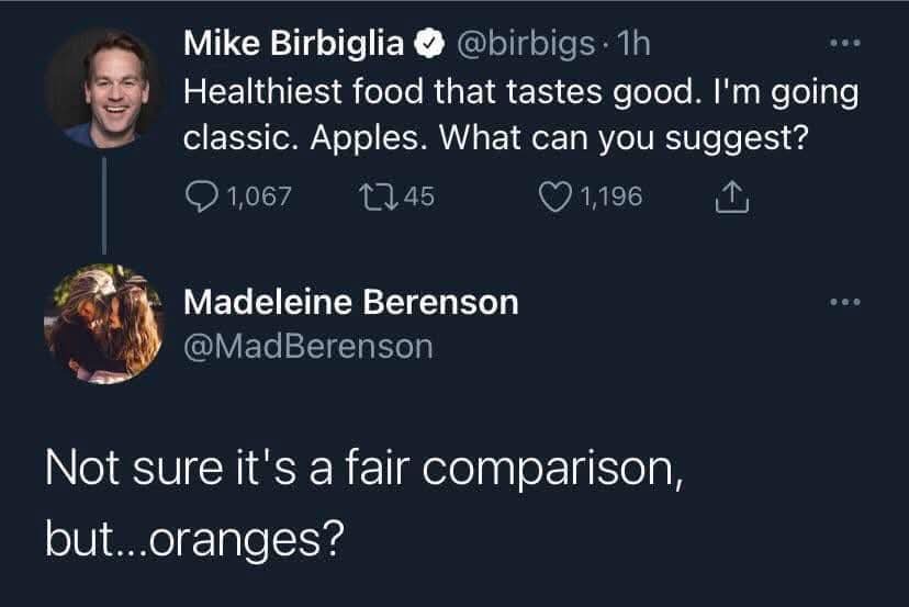 A screenshot of a Twitter thread shows Mike Birbiglia suggesting apples as the healthiest food that tastes good. Below…
