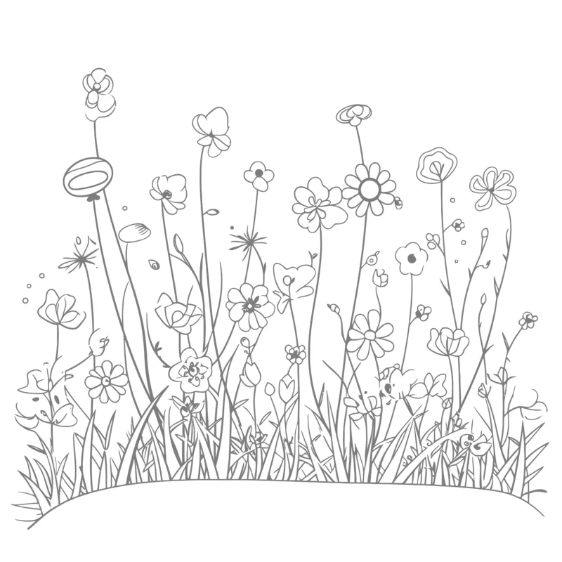 A black-and-white line drawing of a field of stylized flowers and grass against a black background. Overlaid text reads 'i'm…