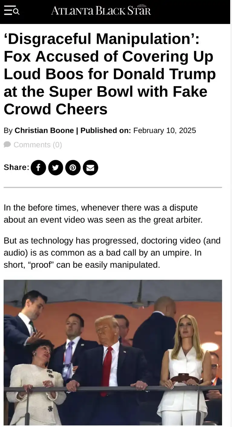 A screenshot of an article from 'Atlanta Black Star' dated February 10, 2025, featuring a photo of Donald Trump, Melania…