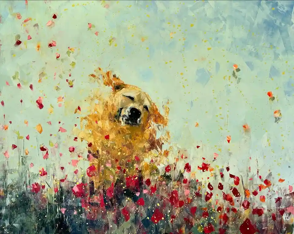 An abstract, painterly image of a golden retriever with its eyes closed and mouth open, appearing joyful or blissful…