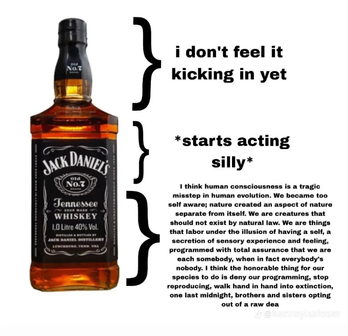 A bottle of Jack Daniel's whiskey is shown next to text that reads 'i don't feel it kicking in yet' and '*starts acting…