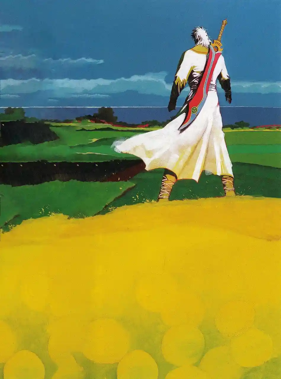 A lone anime-style warrior with white hair and a long white robe walks away from the viewer across a field of yellow…