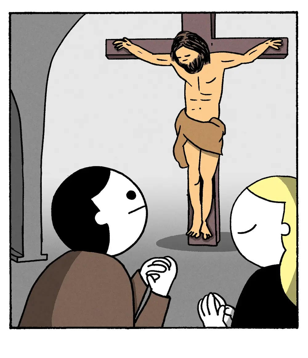 A cartoon depicts two people with blank, minimalist faces kneeling in prayer before a large crucifix with Jesus on it. The…