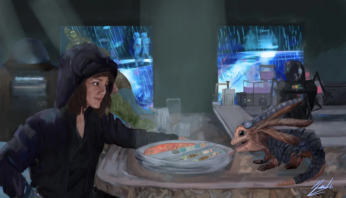A person in a dark hooded jacket sits at a table with a small, reptilian creature wearing goggles, both looking at a plate…