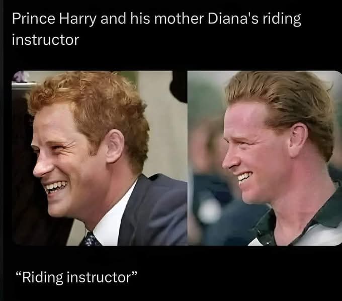The image displays two side-by-side photos of men smiling broadly. The left photo shows Prince Harry in a suit, and the…