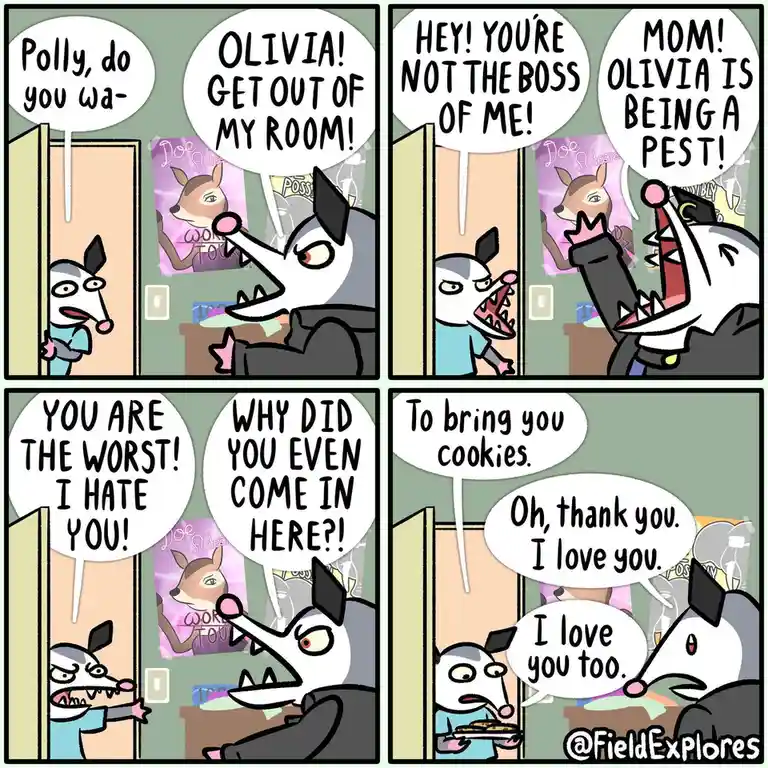 A four-panel comic strip featuring two cartoon opossums in a room. The first panel shows a smaller opossum (Polly) peeking…