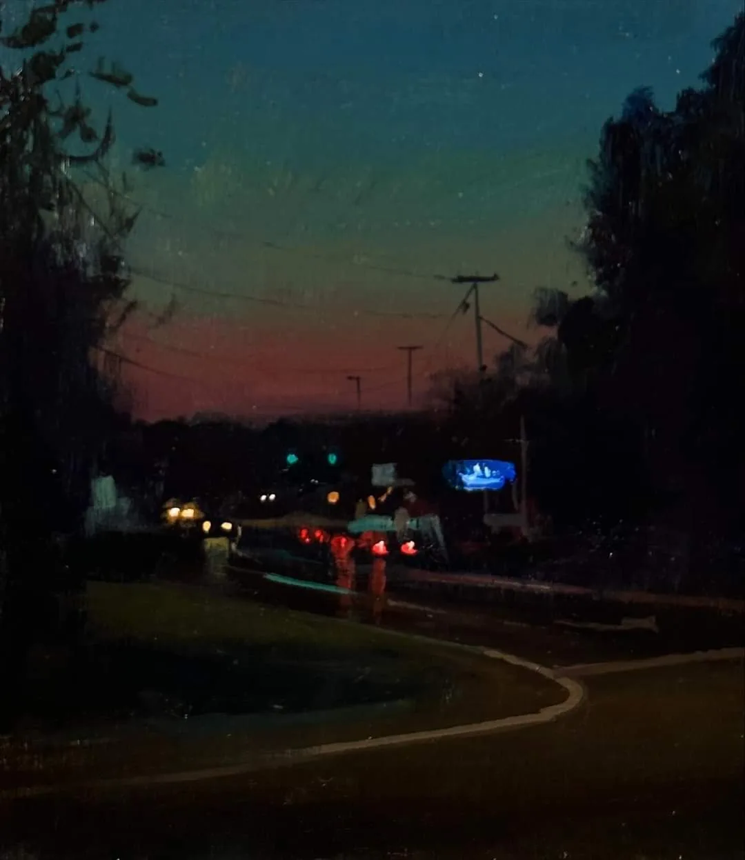 A blurry, painterly night scene of a street at dusk with a reddish-orange horizon, dark trees on either side, and distant…