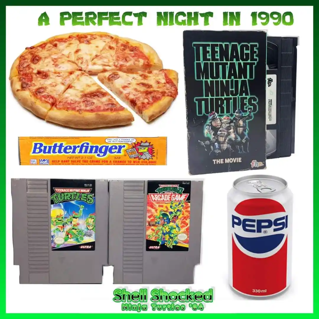 An image collage titled 'A PERFECT NIGHT IN 1990' displays a pepperoni pizza, a Butterfinger candy bar, a Teenage Mutant…
