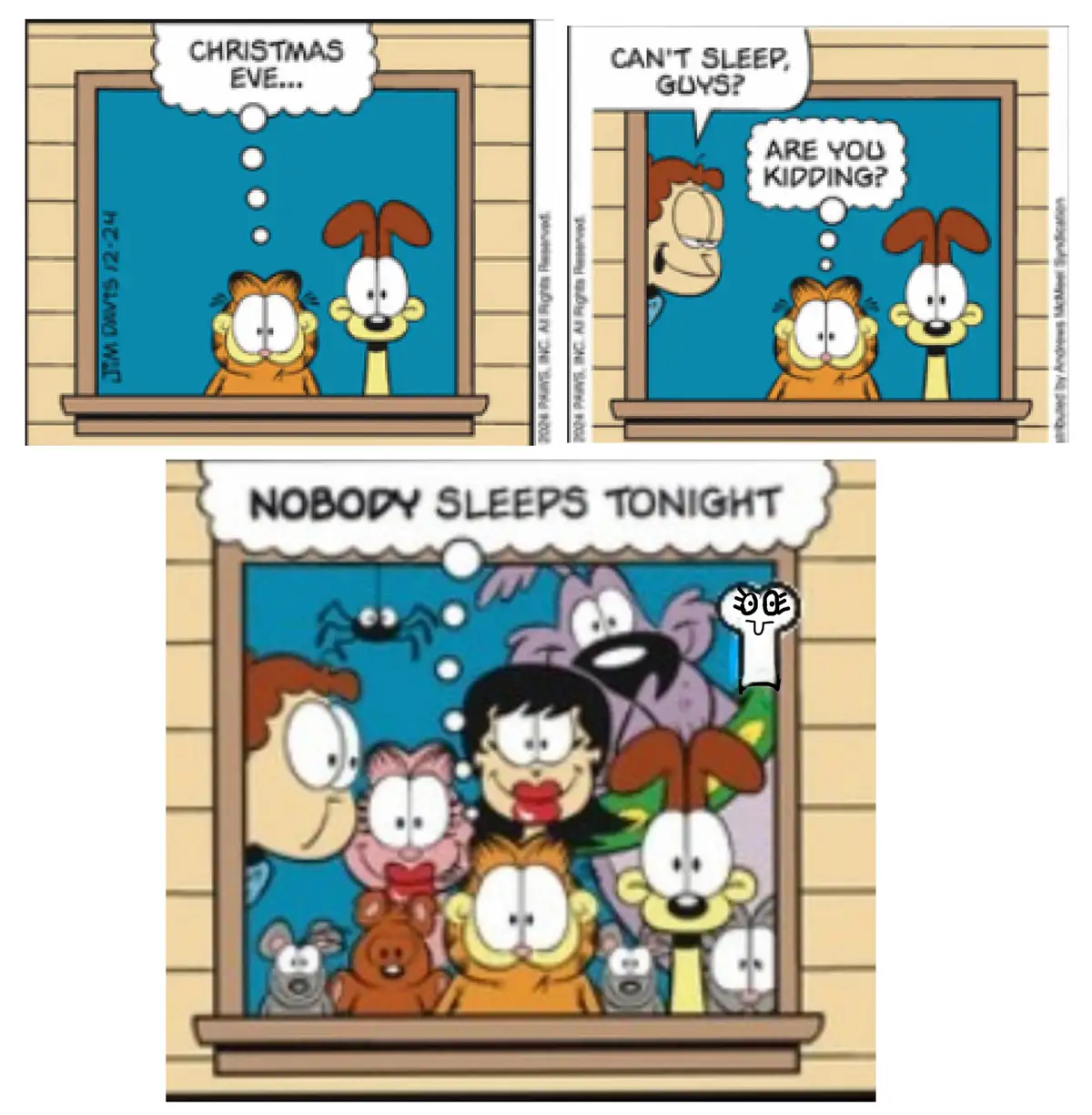 The image is a three-panel Garfield comic strip. The first panel shows Garfield and Odie looking out a window with a thought…
