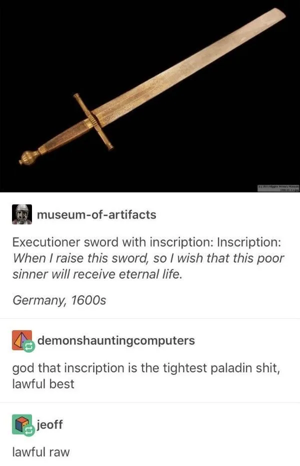 An image of a historical executioner's sword with an inscription that reads 'When I raise this sword, so I wish that this…