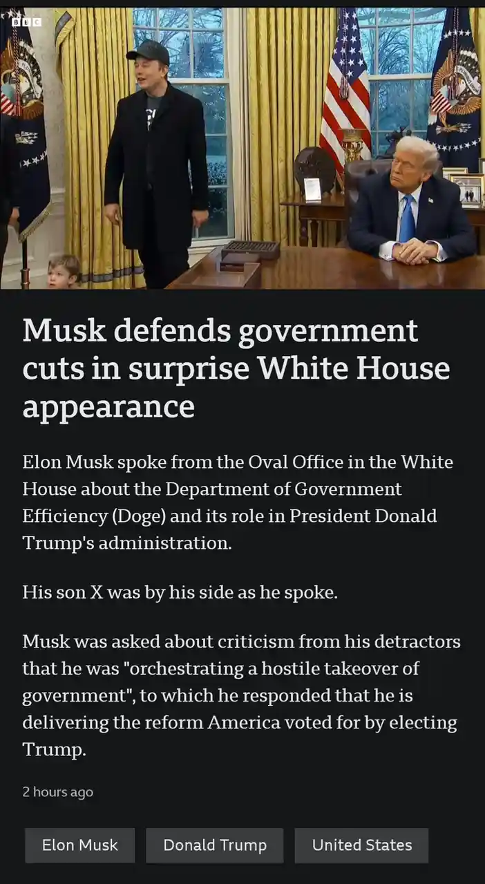 An image shows Elon Musk standing in the Oval Office, smiling, while Donald Trump sits at the desk looking away. A young boy…