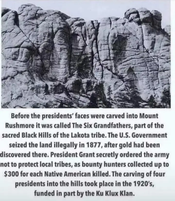 A black-and-white photo of Mount Rushmore shows the carved presidential faces. Overlaid text explains the site's original…