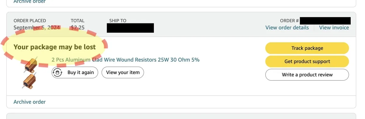 An online order confirmation screen shows a yellow warning bubble highlighting the text 'Your package may be lost' over an…