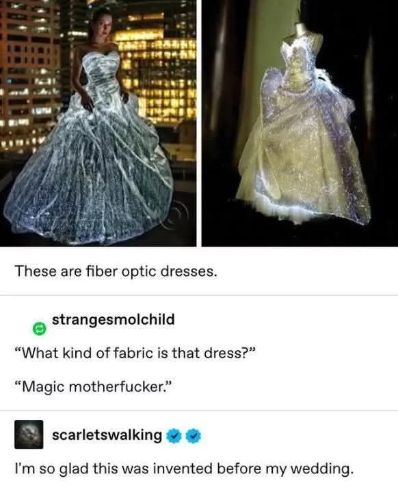The image displays two side-by-side photos: one of a woman wearing a glowing, textured gown against a city skyline at night…