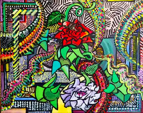 A vibrant, stylized painting features a prominent red rose with green leaves and stems, surrounded by abstract, colorful…