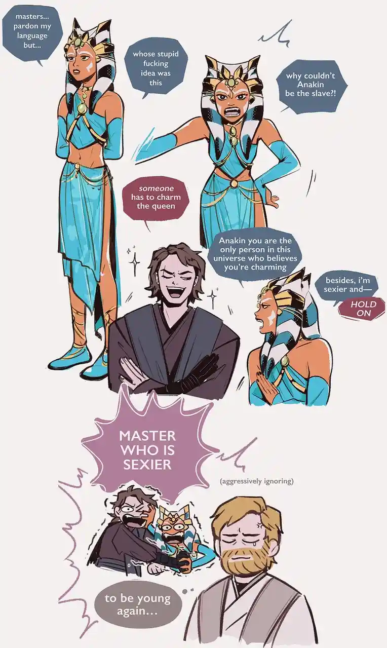 A comic strip featuring Star Wars characters Ahsoka Tano and Anakin Skywalker in a heated argument about who is sexier…