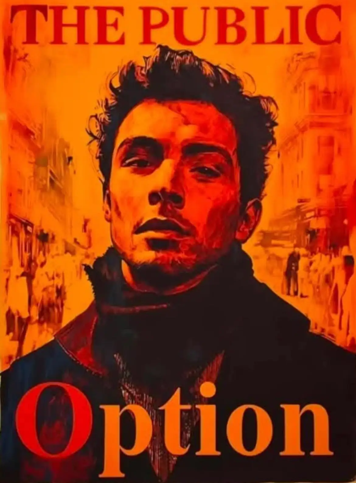 The image shows a stylized, orange-tinted poster featuring a man in a dark jacket looking forward, with the words 'THE…