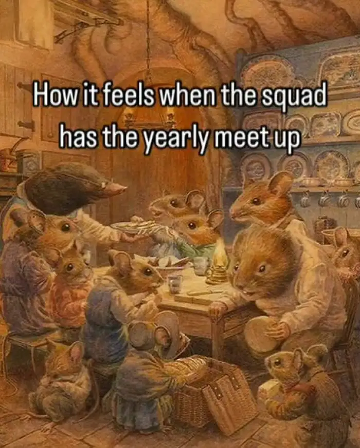 A vintage-style painting depicts a group of anthropomorphic mice gathered around a wooden table in a cozy, rustic kitchen…