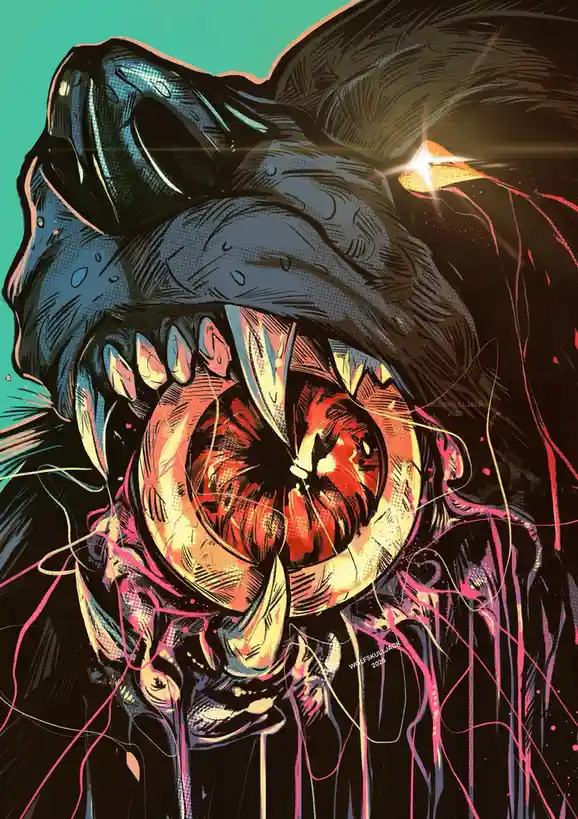 A stylized, comic-book illustration depicts a monstrous, dark-furred creature with a wide-open mouth revealing a glowing…