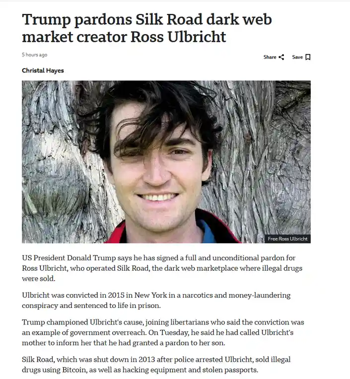 A screenshot of a news article with a photo of Ross Ulbricht smiling in front of a tree, overlaid with the headline 'Trump…