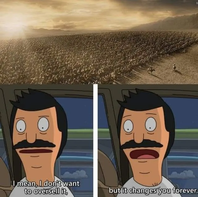 The image is a two-panel meme featuring Bob from Bob's Burgers. In the top panel, a vast army of soldiers marches across a…