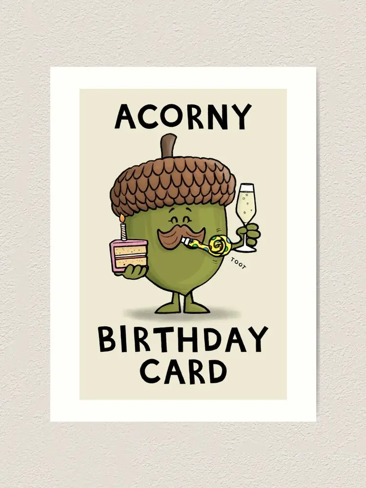 A cartoon acorn character with a mustache, holding a slice of birthday cake with a candle and a champagne flute, blowing a…