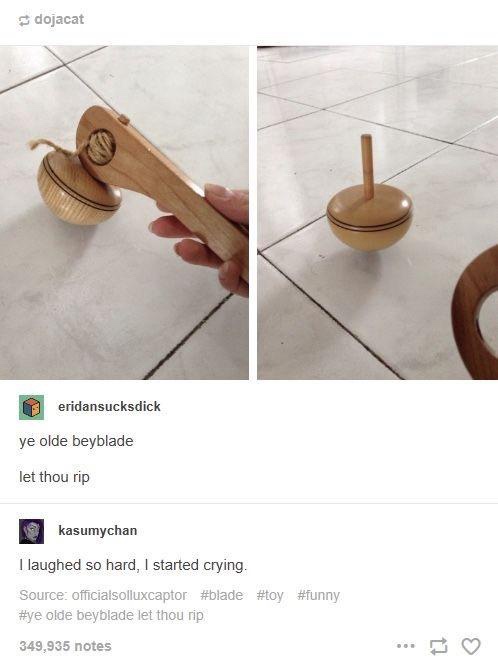 A split image shows a hand holding a wooden top toy on the left, and the same top spinning on a tiled floor on the right…