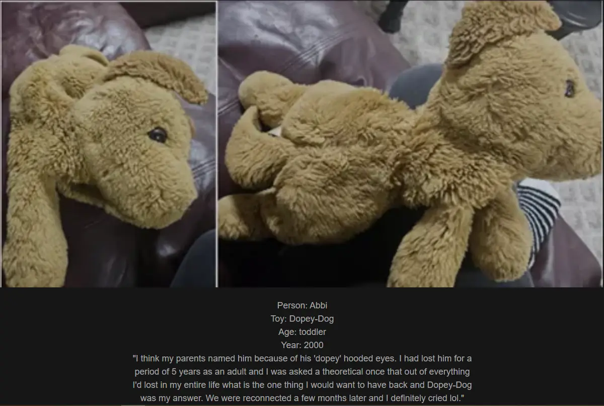 The image shows a split-screen of a tan, fluffy stuffed dog toy named 'Dopey-Dog' lying on a brown leather couch. The left…