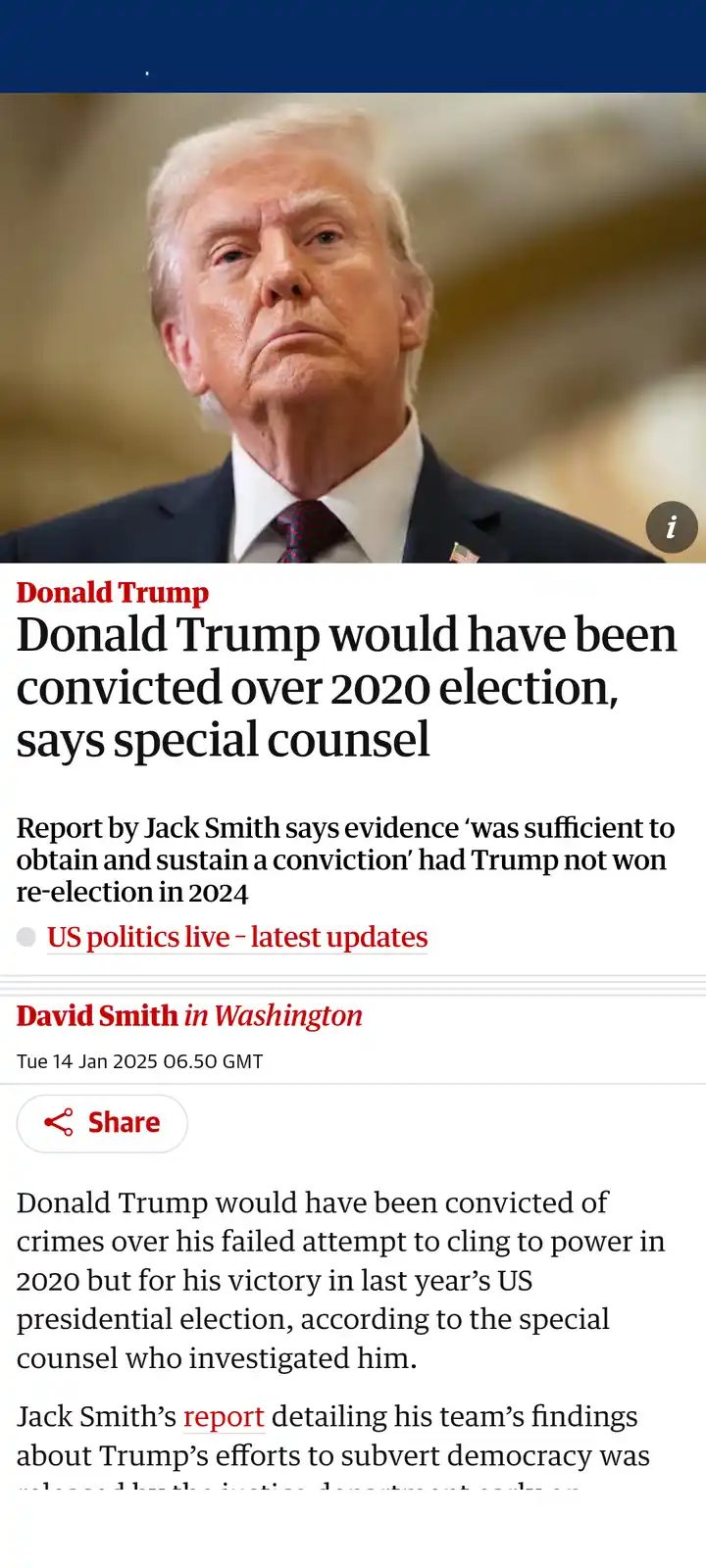 A screenshot of a news article featuring a photo of Donald Trump looking serious, with the headline 'Donald Trump would have…