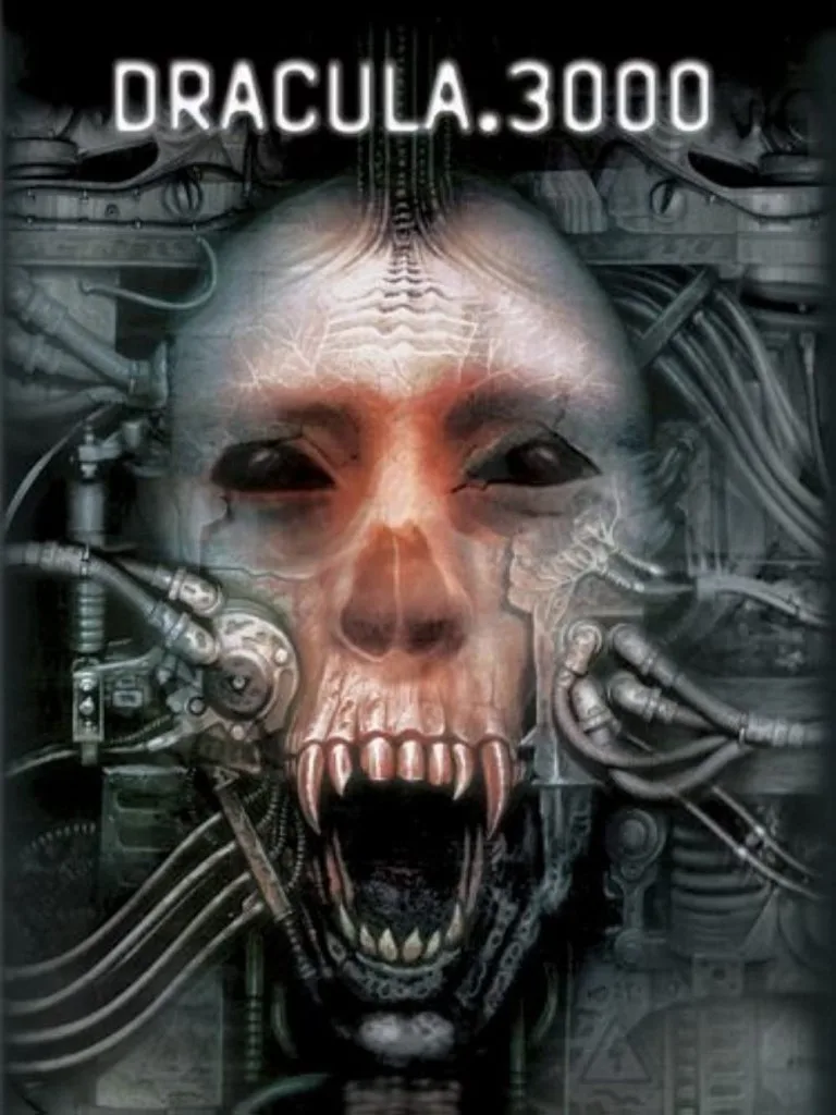 The image shows a digitally altered movie poster for 'Dracula.3000', depicting a monstrous, skeletal face with fangs and…