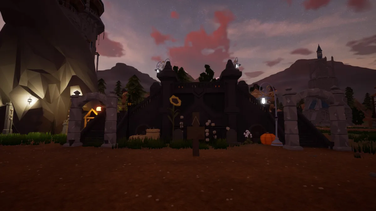 A screenshot from a low-poly video game shows a spooky, Halloween-themed scene with a dark stone gate, pumpkins, tombstones…