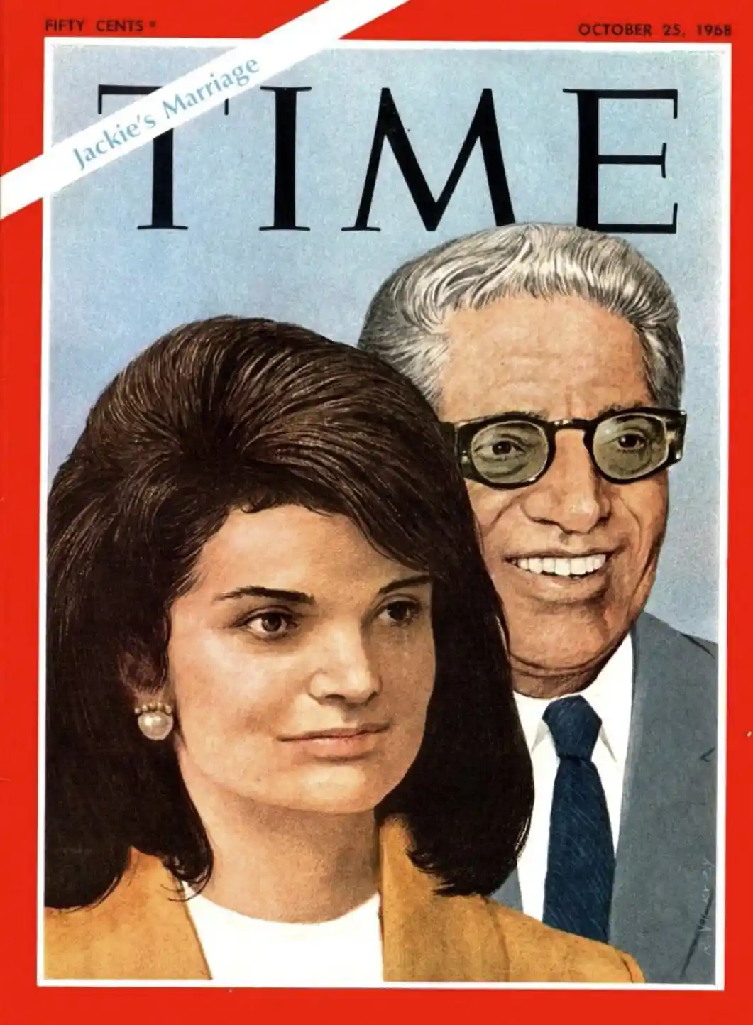 The image is a vintage TIME magazine cover from October 25, 1968, featuring a portrait of Jackie Kennedy Onassis and her…