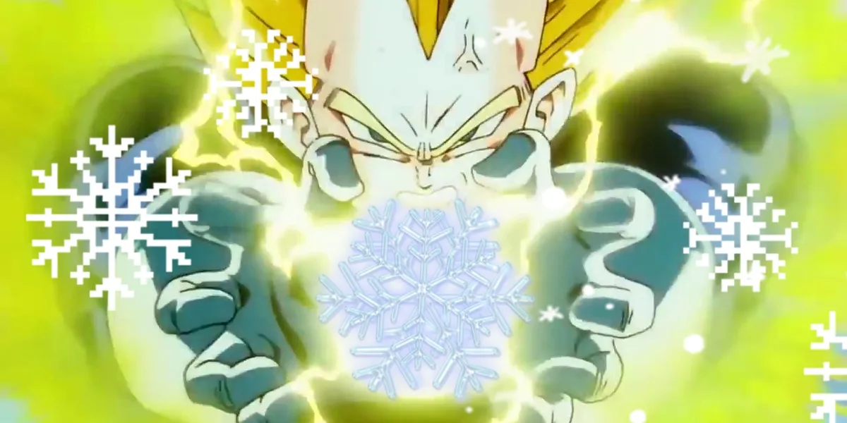 An anime character with spiky hair and glowing aura is shown with pixelated snowflakes floating around him, including one…