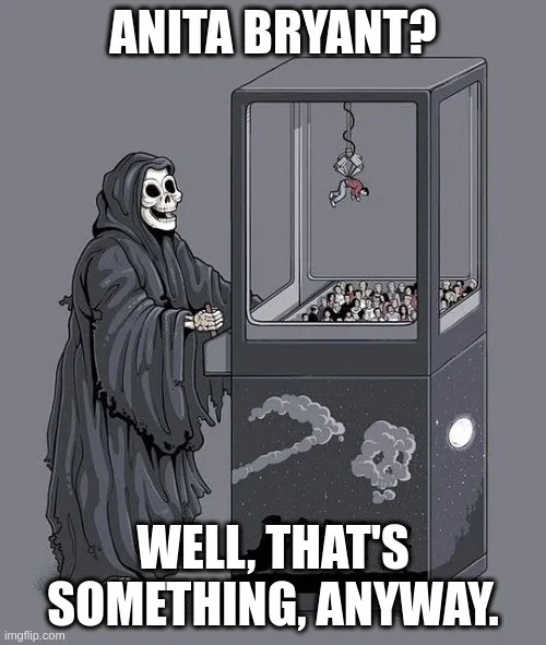 A grim reaper stands beside a large, transparent machine resembling a slot machine or arcade game. Inside the machine, a…