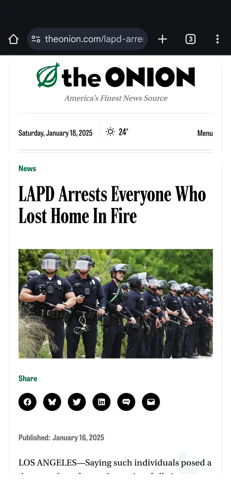 A screenshot of a fake news article from The Onion dated January 18, 2025, with the headline 'LAPD Arrests Everyone Who Lost…