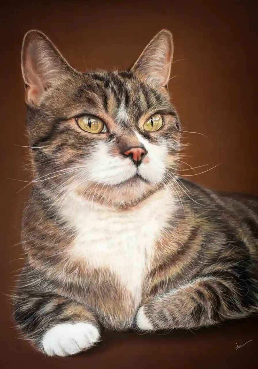 A highly detailed, realistic painting of a tabby cat with white paws and chest, lying down against a solid brown background…