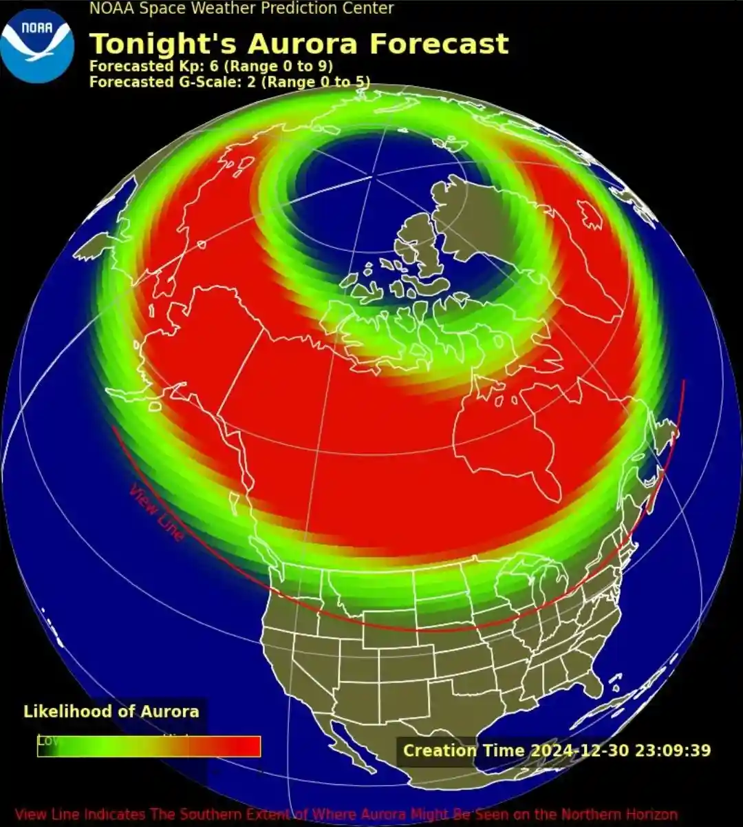 A NOAA aurora forecast map shows a red and green color-coded globe indicating high aurora likelihood over northern regions…
