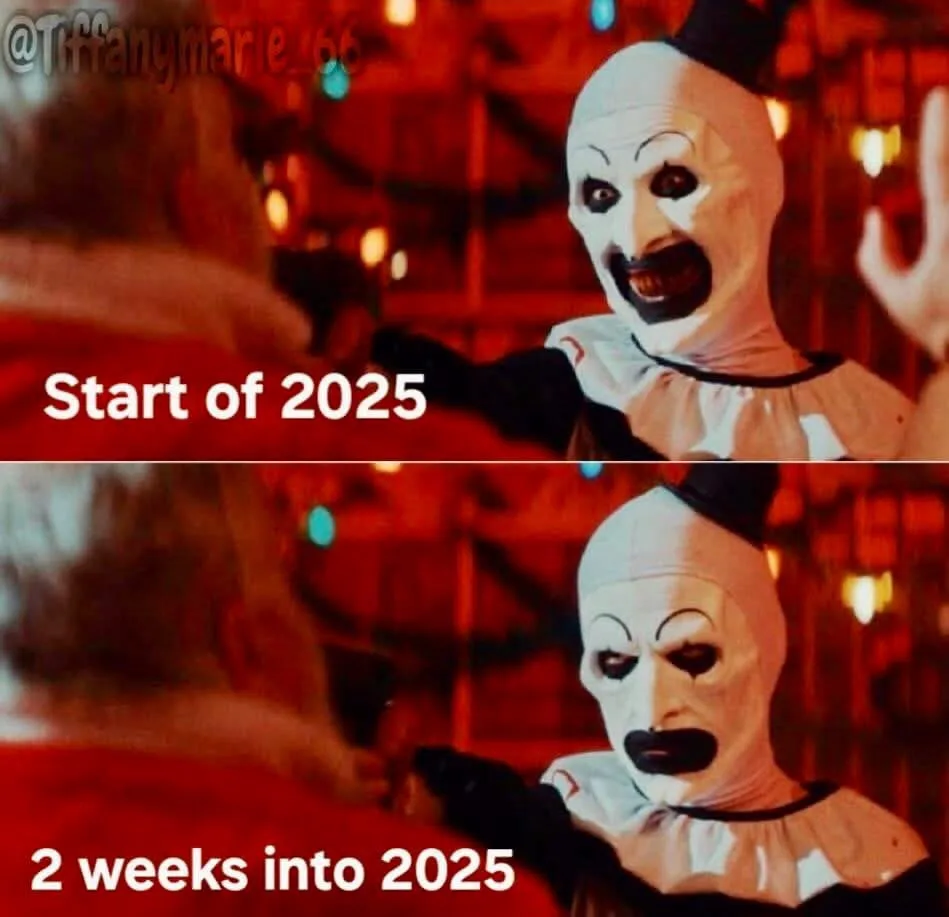 A two-panel meme featuring a scary clown from the movie 'The Purge' in both panels. The top panel shows the clown with a…