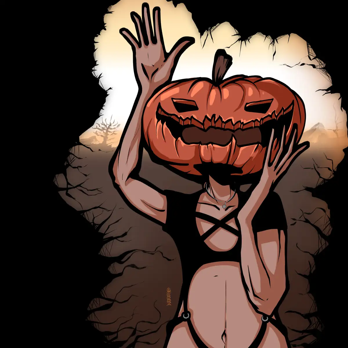 A cartoon-style illustration shows a person with a carved jack-o'-lantern for a head, wearing a black strappy outfit and…