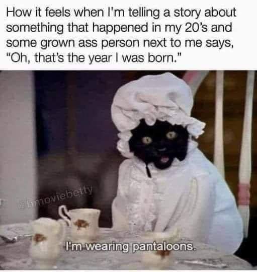 A black cat wearing a white, frilly, old-fashioned dress and bonnet sits at a table with teacups, looking shocked with its…