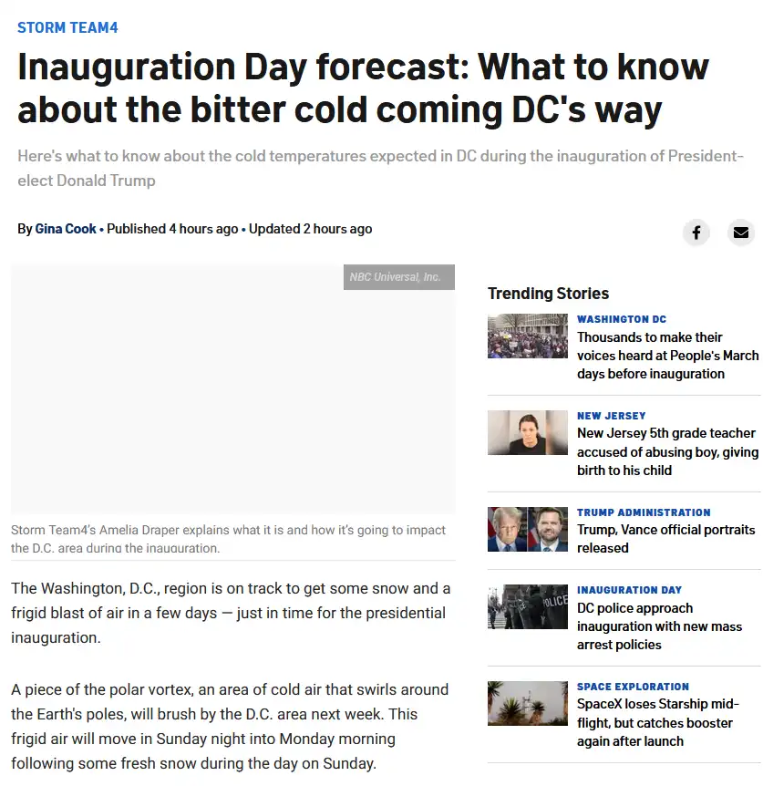 A screenshot of an NBC News article titled 'Inauguration Day forecast: What to know about the bitter cold coming DC's way'…