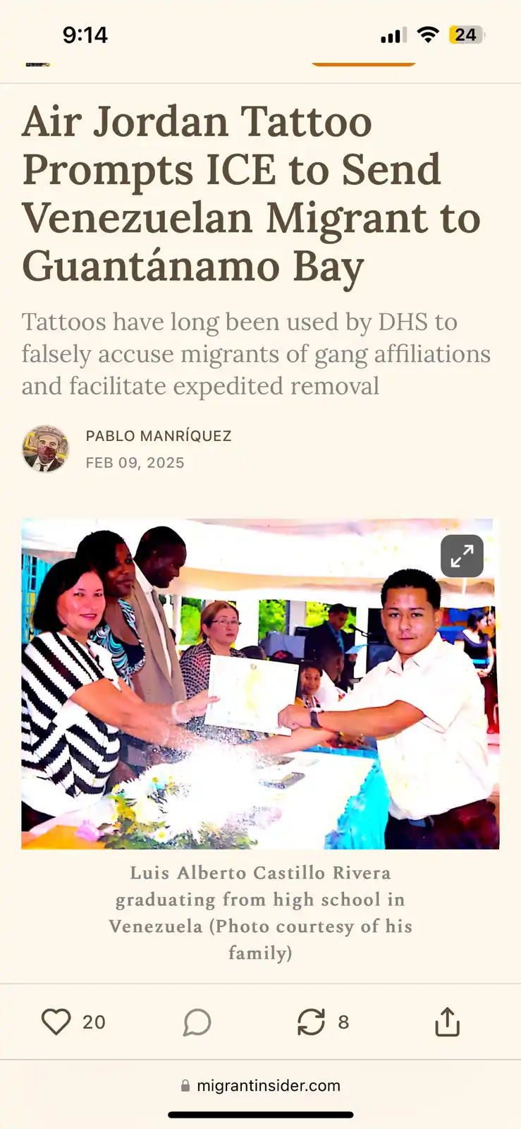 A screenshot of a news article shows a photo of a young man, Luis Alberto Castillo Rivera, receiving a diploma at his high…