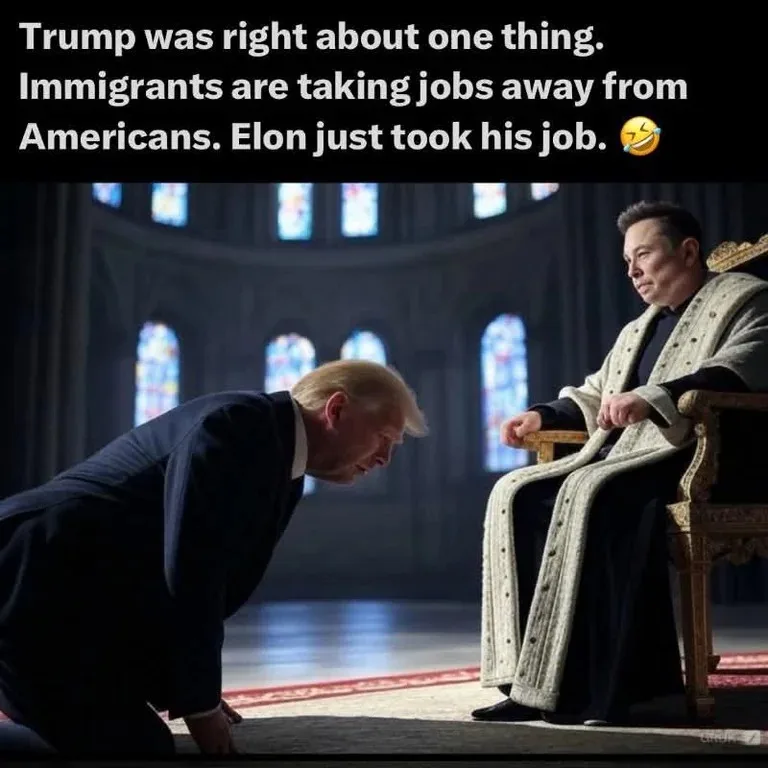 A digitally altered image shows Donald Trump kneeling before Elon Musk, who is seated on a throne in a cathedral-like…