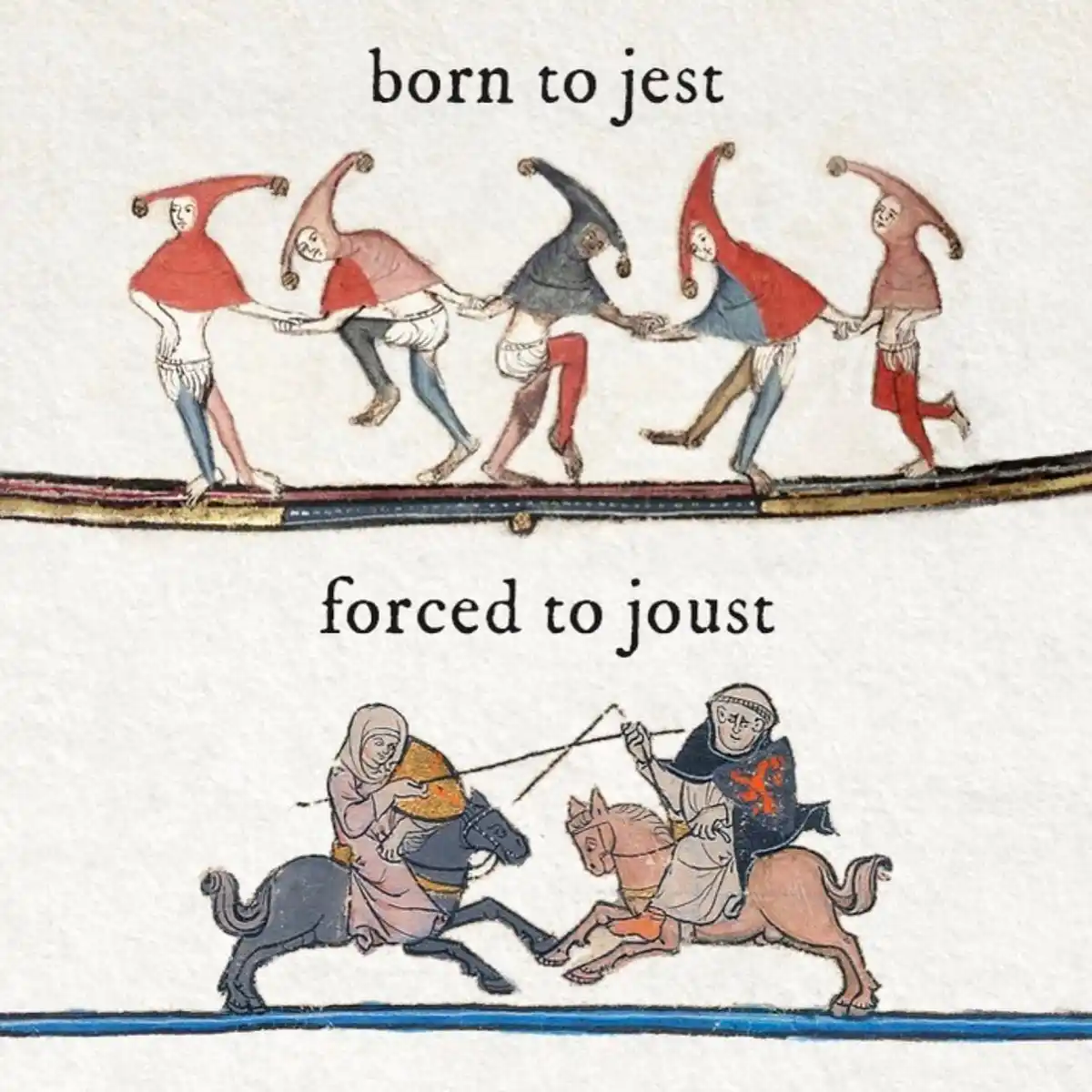 The image is split into two horizontal panels. The top panel shows five medieval jesters in colorful, pointed hats dancing…