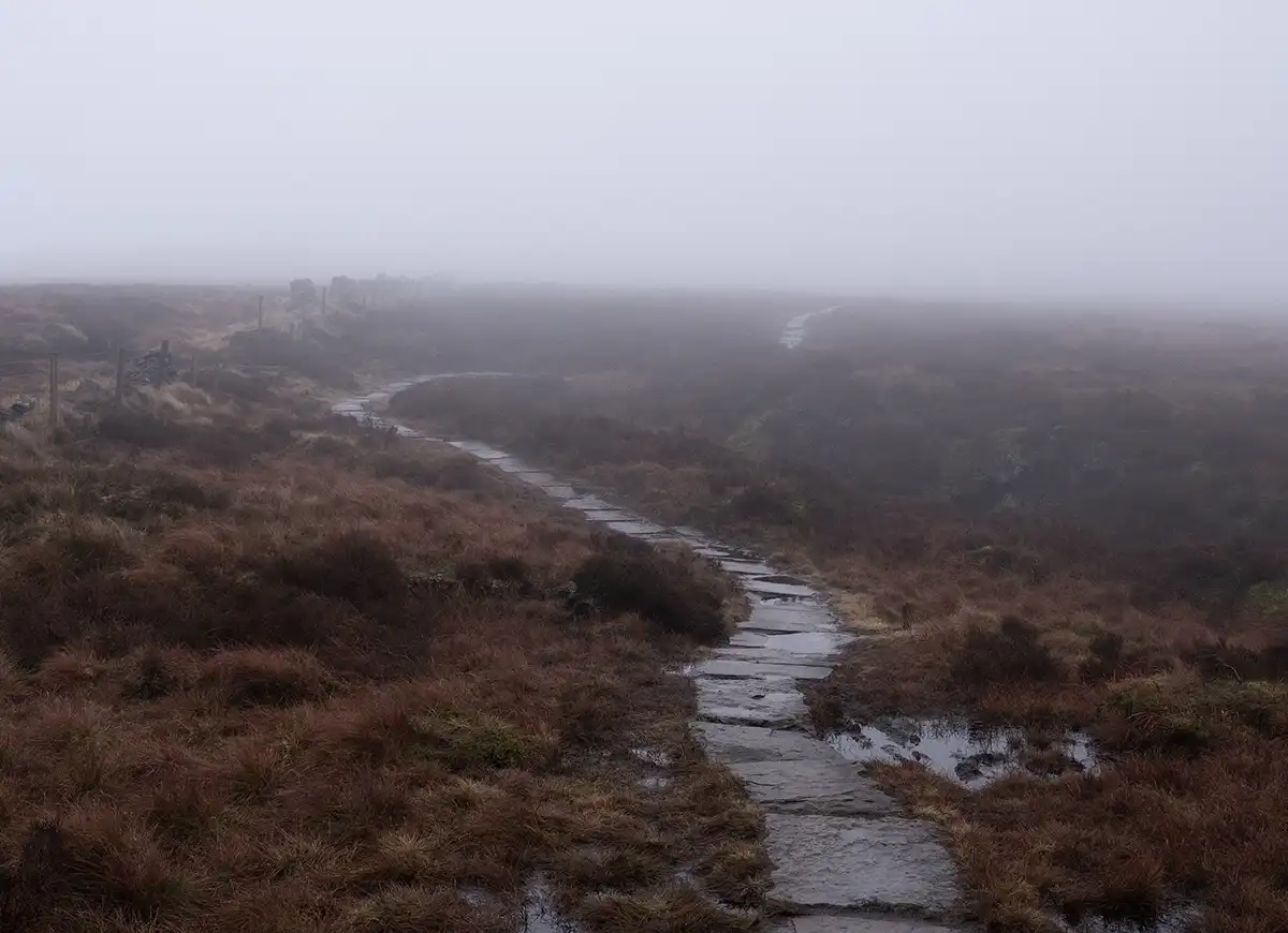 A misty, overcast landscape shows a winding stone path through brown, wet heathland, disappearing into thick fog where…