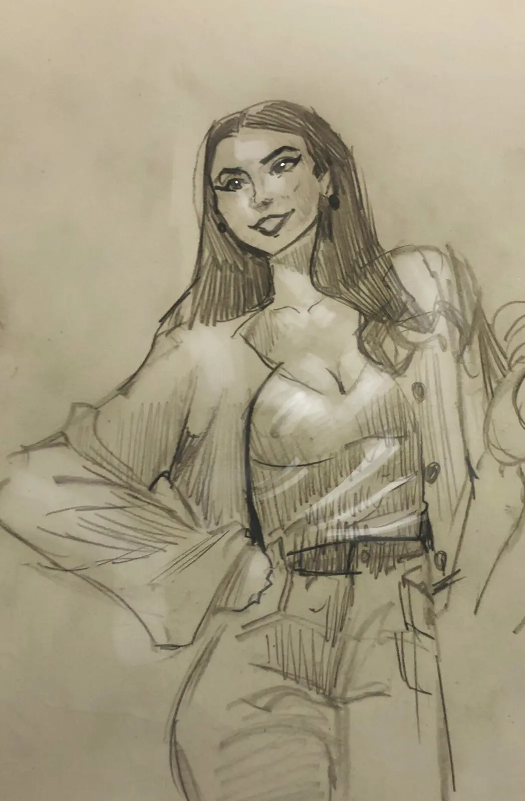 A pencil sketch of a woman with long hair, wearing a jacket and smiling, overlaid with the text 'i drew my gf and she looked…