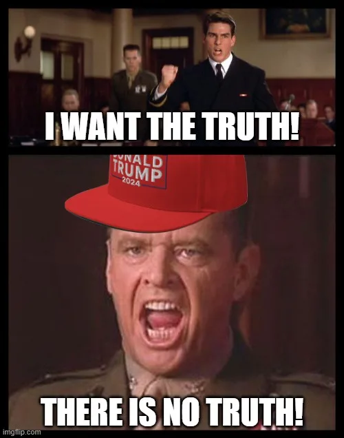 Top panel shows a man in a suit shouting with a clenched fist, overlaid with the text 'I WANT THE TRUTH!'. Bottom panel…
