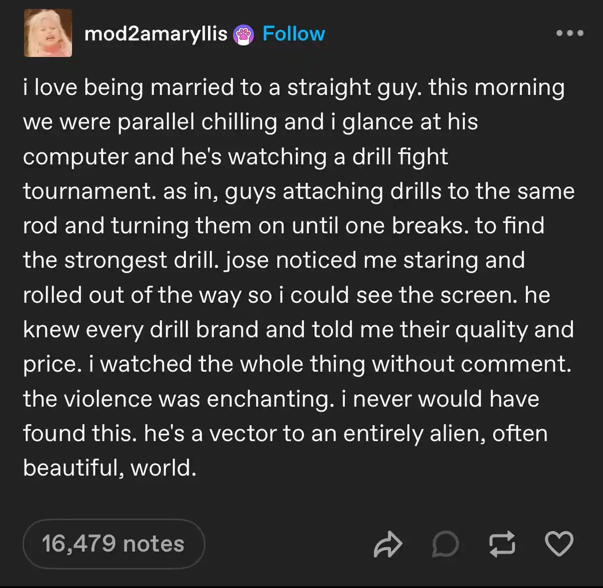 A screenshot of a Tumblr post by user 'mod2amaryllis' with white text on a dark background. The text is a humorous personal…